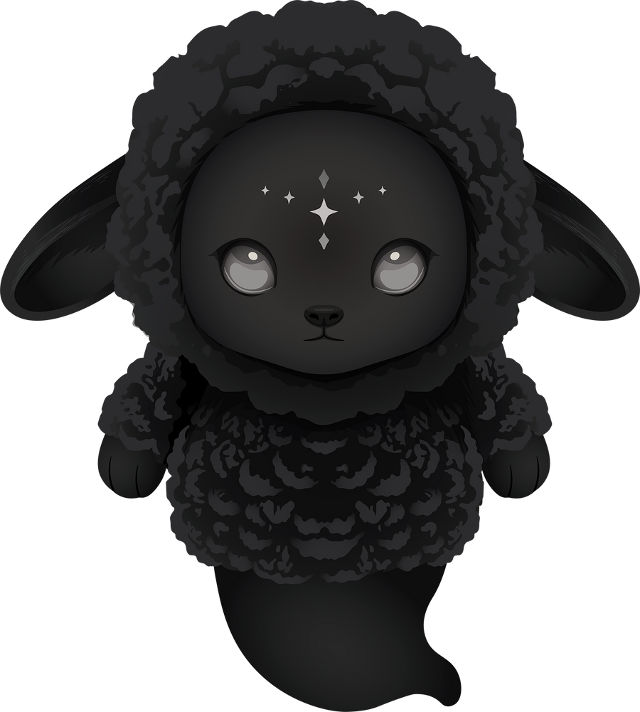 Koo, a curly black lamb Nightfall plush charm with floppy ears, grey eyes and silver star markings
