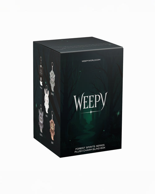 Weepy blind box product packaging with brand logo on a white background. 