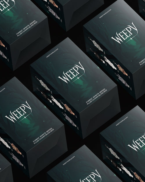 Multiple 'Weepy' blind box product boxes arranged in a symmetrical pattern. 