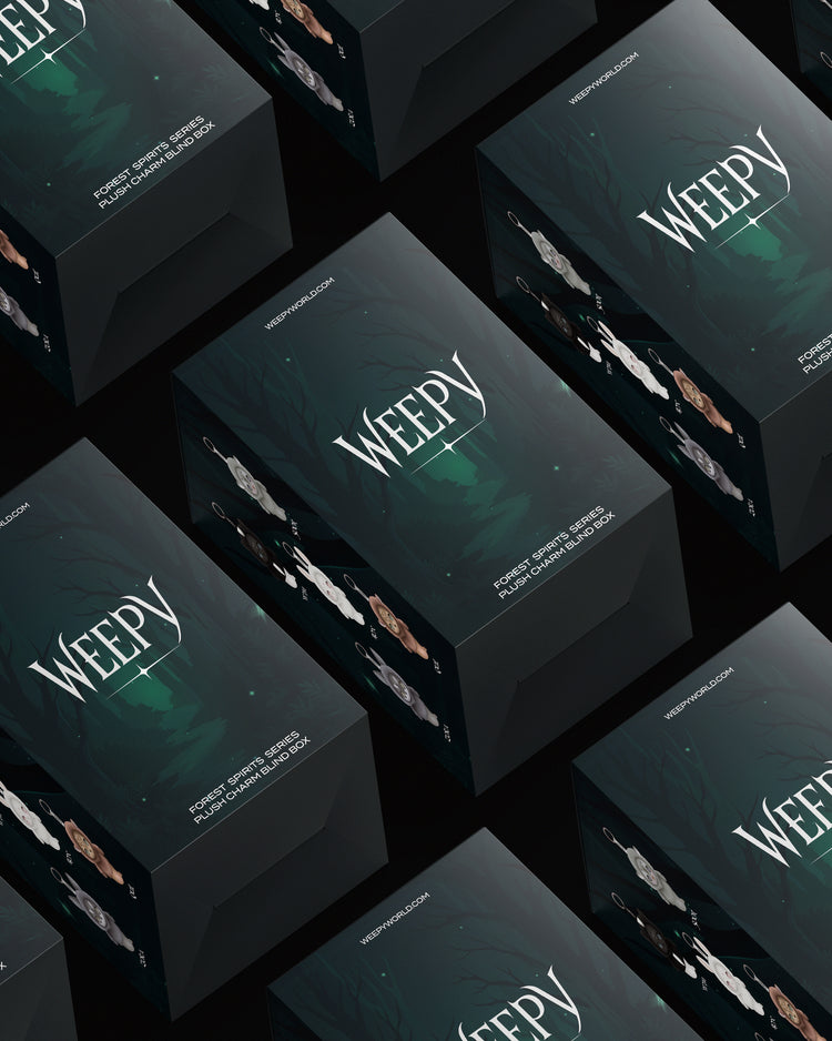 Multiple 'Weepy' blind box product boxes arranged in a symmetrical pattern. 
