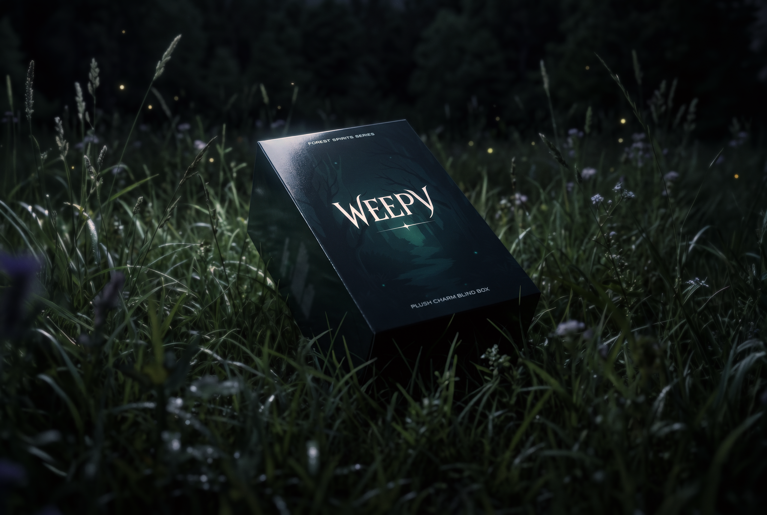 Plush charm blind box titled 'Weepy' lying on grass at night.