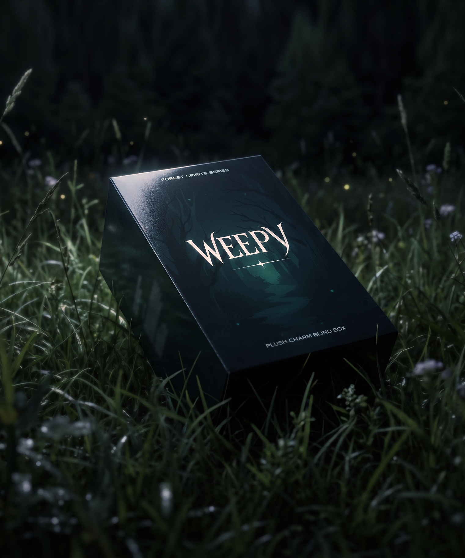 Plush charm blind box titled 'Weepy' on grass with a dark background. 