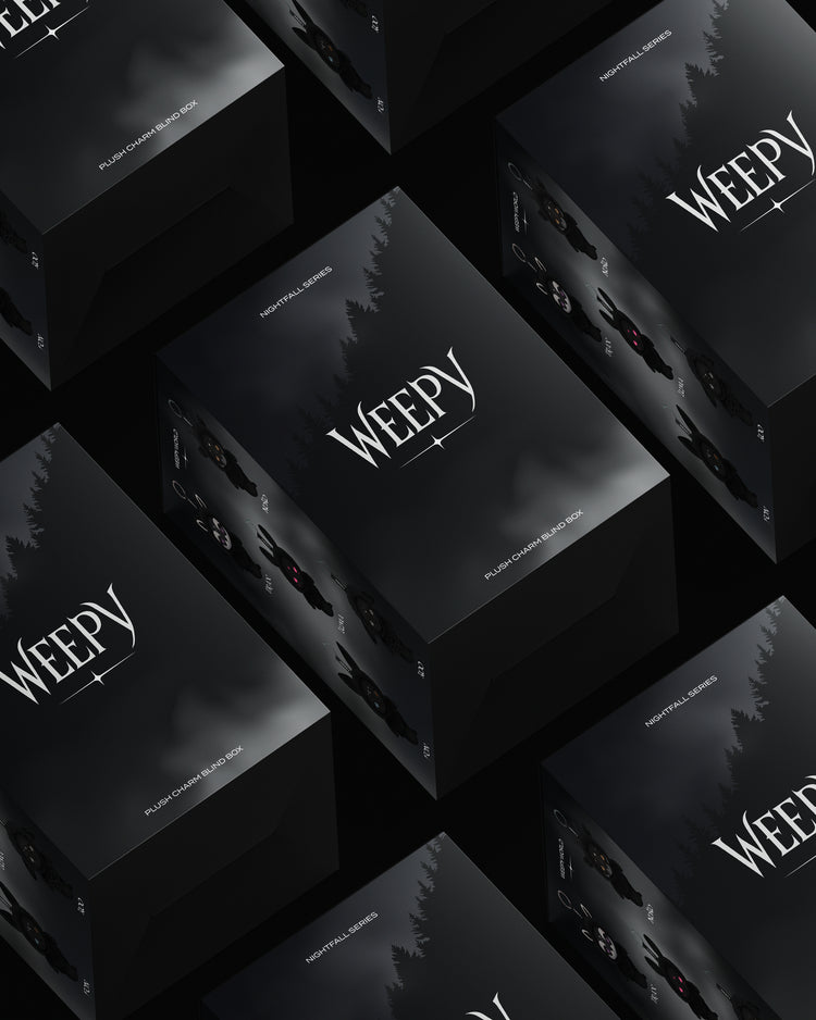 Several dark rectangular Weepy Nightfall product boxes arranged in a repeating diagonal pattern on a black background. The boxes are black with white 'WEEPY' text and subtle forest artwork on the front.