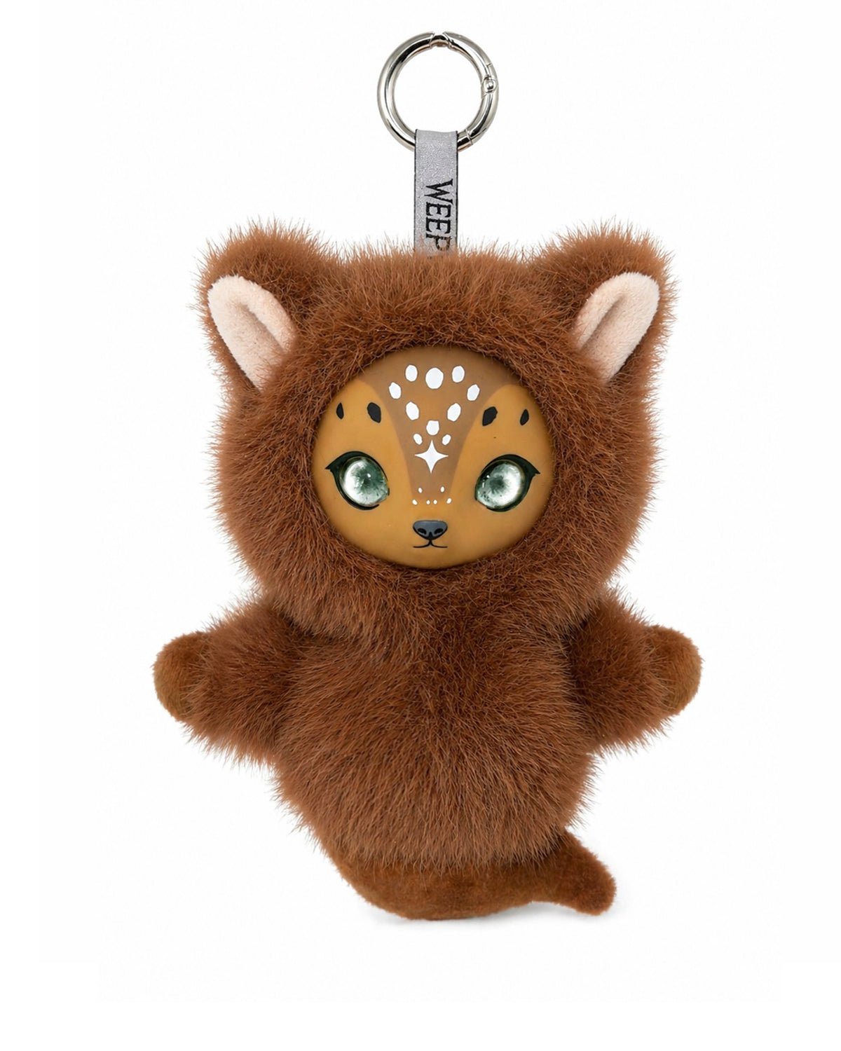 Brown plush charm keychain with deer face design on a white background