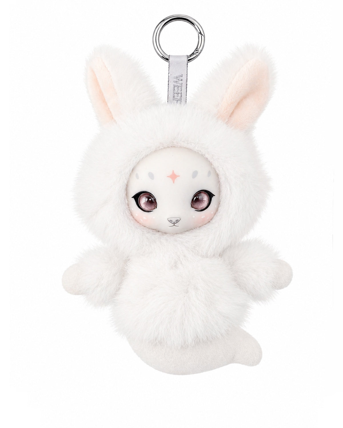White fluffy rabbit plush charm keychain with big ears and pink eyes on a white background