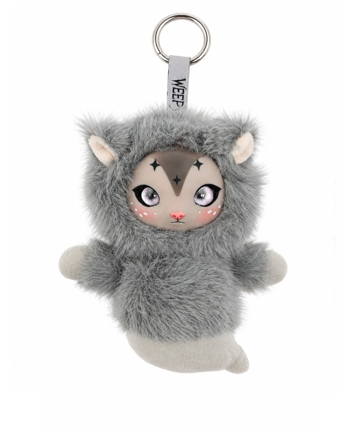 Gray opossum plush charm keychain with stars on its forehead on a white background