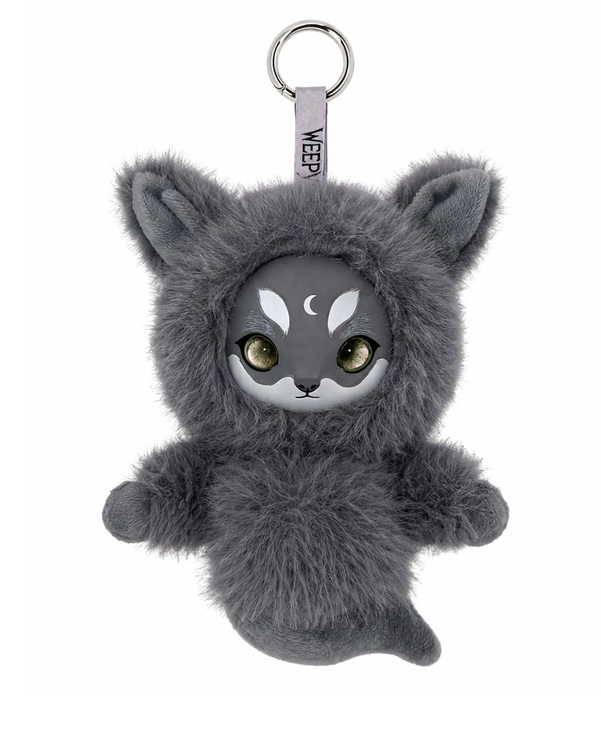 Gray fluffy wolf design plush charm keychain on a white background