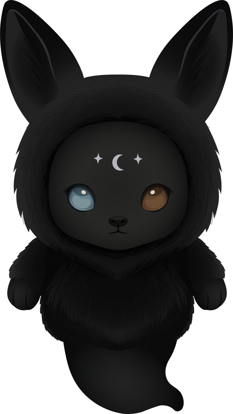 Fon, a black Nightfall plush charm with tall ears, one blue eye and one brown eye, and a crescent moon on its forehead