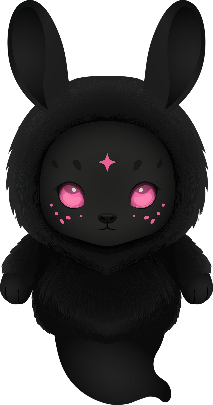 Luma, a black bunny Nightfall plush charm with glowing pink eyes, pink freckles and a pink star on its forehead