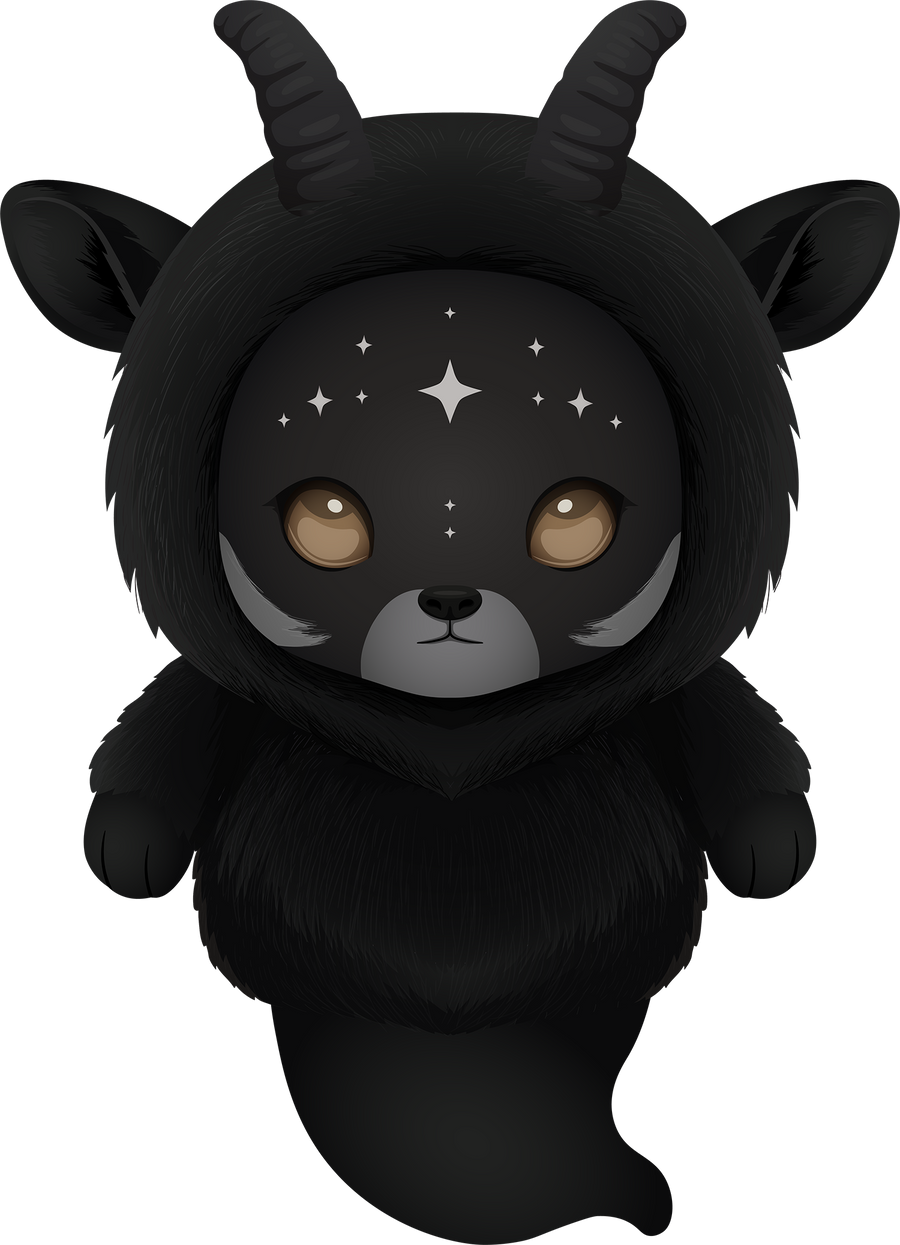 Noko, a black goat Nightfall plush charm with curved horns, amber eyes and a forehead full of stars