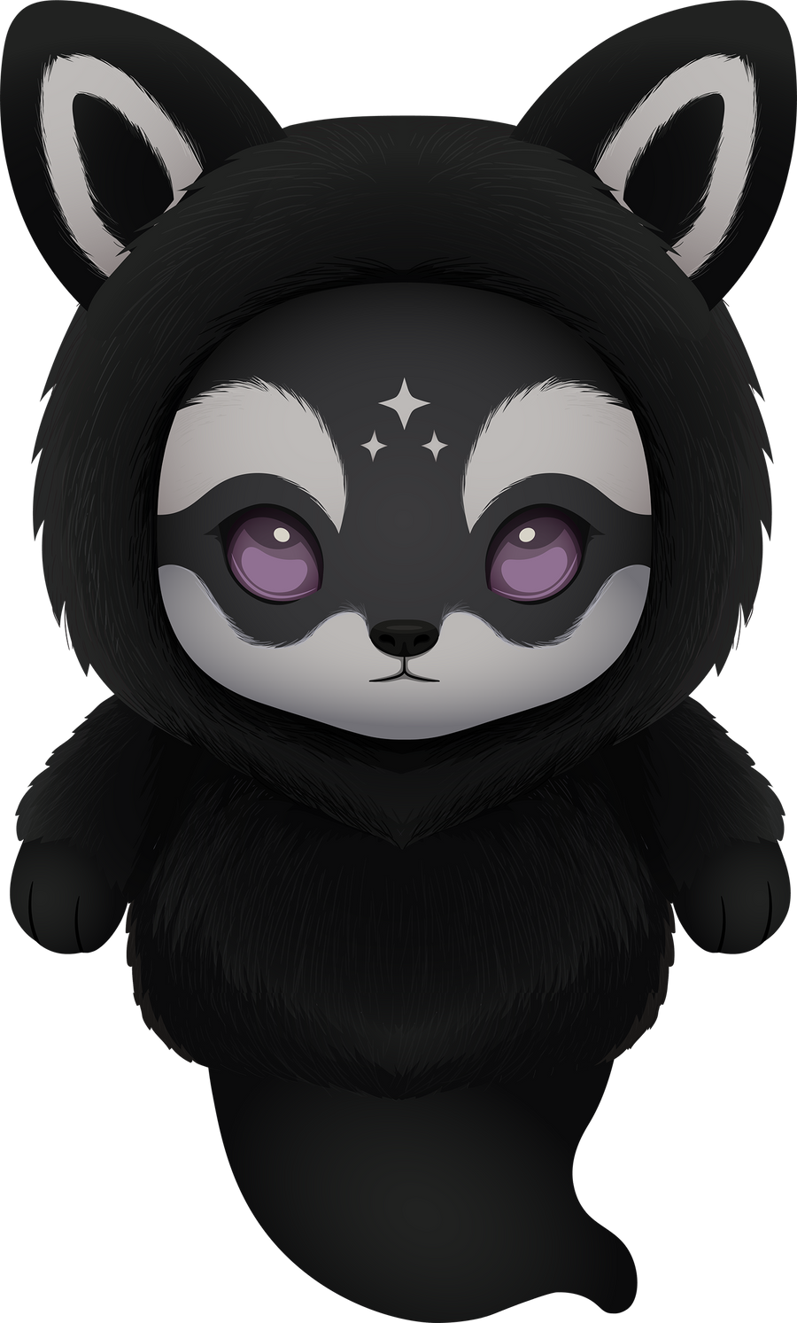Trax, a black Nightfall plush charm with pale fox ears, a white masked face, violet eyes and star markings